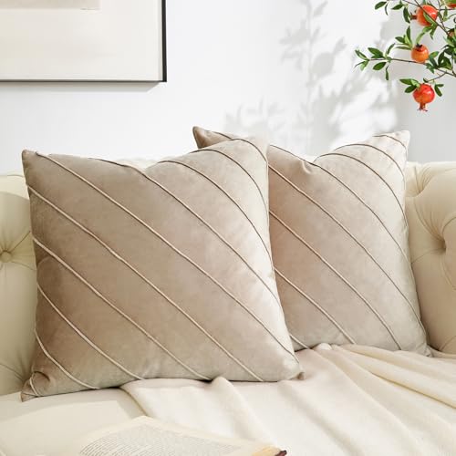 Image of GIGIZAZA Decorative Velvet Pillow Covers 18x18 , Set of 2 Champagne Sofa Couch Throw Pillows Covers Cases , Living Room Square Cushion Accent Stripe Covers