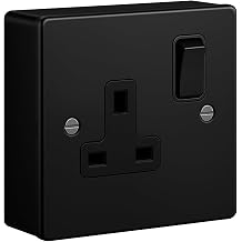 SHPELEC  Matt Black Metal Switch and Socket Range with Surface Mount Back Box   Sleek, Durable, and Easy to Install 1 Gang Socket + Back Box, Screwed Version
