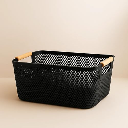 Cesto Organizador Plástico com Alças, nas cores Preto, Cinza e Branco (Preto)