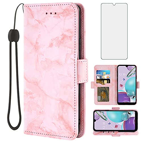 Asuwish Compatible with LG Aristo 5/K31/Fortune 3/Phoenix 5/K8x/Tribute Monarch/Risio 4 Case and Tempered Glass Screen Protector Marble Wallet Phone Covers for LGK31 Rebel K 31 Aristo5 Plus 5+ Pink