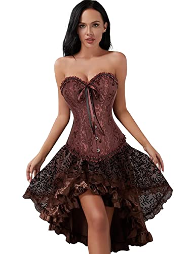 Jutrisujo Corset Jupe Robe Femme Bustier Sexy Dentelle Vintage Pirate Lingerie Grande Taille Costume Burlesque Brun XL