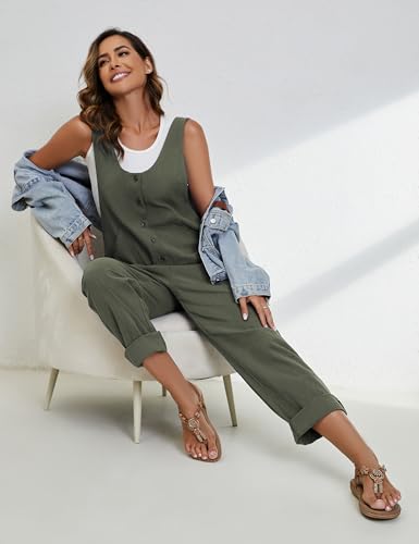 Image of Yeokou Womens Overalls Linen Cotton Jumpsuits Loose Casual Jumpers with Pockets