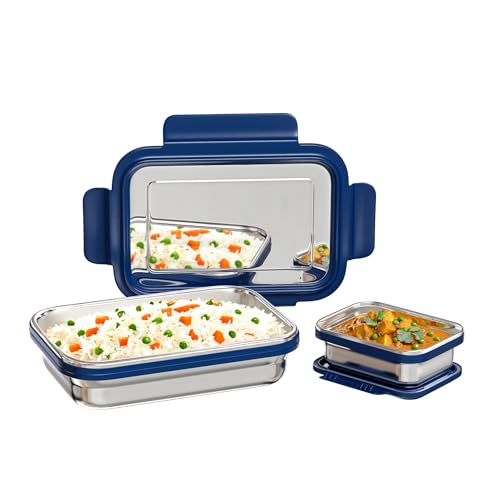 Image of TEX-RO Tiffin Box Steel | Stainless Steel Lunch Boxes | Steel Lunch Box for School | Leakproof Stainless Steel Tiffin Box for Kids, School, Office - Blue
