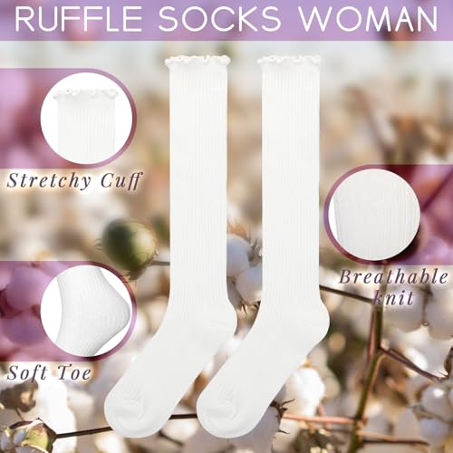 6 Pairs Women Ruffle Knee High Socks Turn Cuff Knit Breathable Cute Frilly Lettuce Dress Breathable Socks3