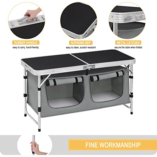 WOLTU Folding Camping Cupboard Kitchen, Height Adjustable Aluminum Camping Table with Storage, Lightweight Picnic Table with Carry Handle for Outdoor Patio BBQ Party, Black + Grey - Image 4