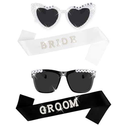 Uintoon Just Married Decorations Bride and Groom Sunglasses and Sash Set, Wedding Day Accessories for Honeymoon, Bachelorette Party Favors and Gifts