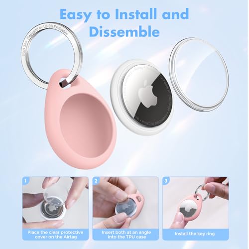 Image of UNBREAKcable Holder for Apple AirTag - 4 Pack [Fit Tightly Design] [Easy to Install] [Hold Air Tag Securely] Waterproof TPU Shell Protective Case with All Metal Keychain Key Ring Clip