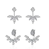 megko 925 Sterling Silver Cubic Zirconia Earrings Leaf Feather Ear Jacket Front Back Ear Cuffs Stud