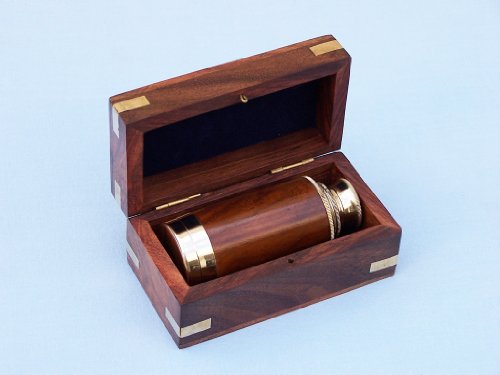 Hampton Nautical Scout's Brass/Wood Spyglass Telescope With Rosewood Box, 7", Brass #TOP1