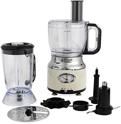 Russell Hobbs 25182 Retro Food Processor, Dishwasher Safe 1.7 L Bowl/1.5 L Jug, Retro Dial Display, With Slicing, Creaming, Dough Attachments, 2 Speed Settings And Pulse, Vintage Design, 850 W, Cream