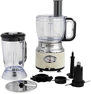 Russell Hobbs 25182 Retro Food Processor, Dishwasher Safe 1.7 L Bowl/1.5 L Jug, Retro Dial Display, With Slicing, Creaming, Dough Attachments, 2 Speed Settings And Pulse, Vintage Design, 850 W, Cream