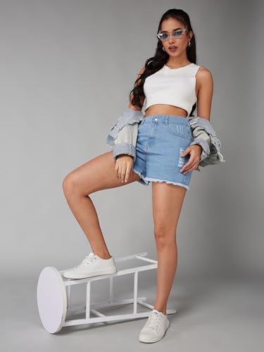Image of Dolce Crudo Women's Relaxed Fit Mid-Rise Denim Shorts with Adjustable Waist & Frayed Hem