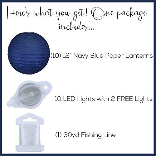 Just Artifacts 12Inch Decorative Round Chinese Paper Lanterns 10Pcs W/ 12Pc Led Lights And Clear String (Color: Navy Blue) #TOP1