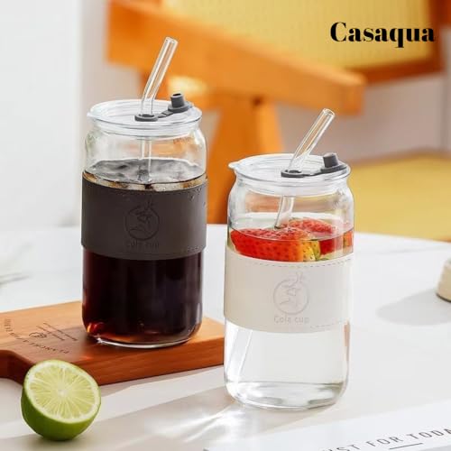 Image of Glass Can Tumbler with Lid & Straw - 500ml, Set of 1, Iced Coffee Cup, Reusable Drinking Glass with Sleeve, Leakproof Lid, Clear Glass Tumbler for Coffee, Tea, Juice, Smoothies & Boba