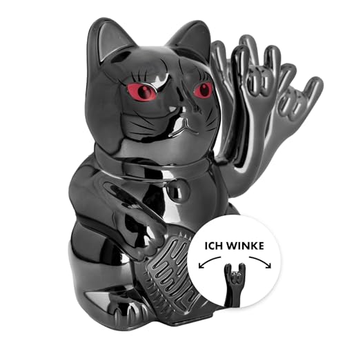 ANGRY CAT - Chat agité Lucky Cat - Chat agité Rocky - Rock-Cat - Chat agité Japonais Qui berce - Article déco Figurine branlante Chat - Bras agité avec Signe Heavy Metal, Noir Brillant, 15 cm