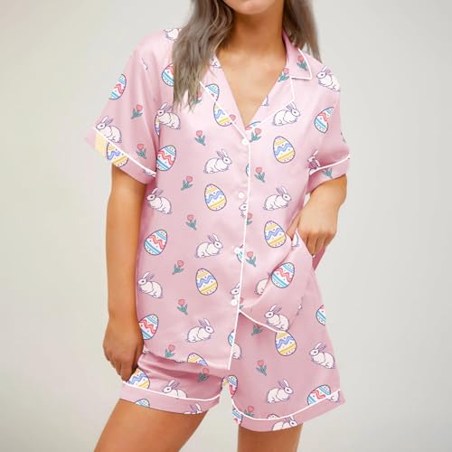 Image of Women Easter Pajamas Set Cute Bunny Button Down Shirt and Shorts 2 Piece Pj Set Y2K Easter Outfits
