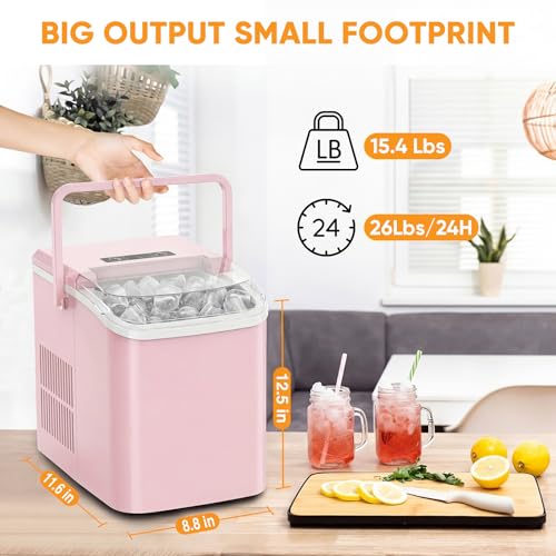 KMFurnila Ice Makers Countertop, Portable Ice Machine with Handle, 6 Mins 9 Bullet Ice Cubes with Basket and Scoop, 26lbs in 24Hrs, Auto-Cleaning, for Home, Kitchen, RV, Camping, Pink - Thumbnail 4