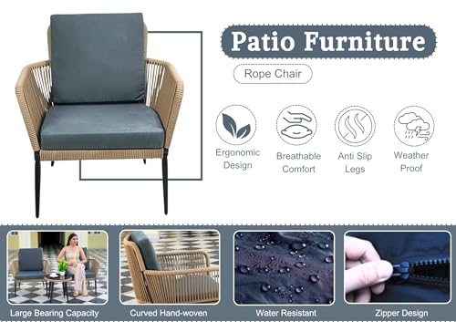 Image of DEVOKO Outdoor All Weather Rope Small Patio Furniture Set with Glass Top Table and Rope Woven Cushioned Chairs for Balcony, Garden, Lawn, Deck (Beige & Grey)