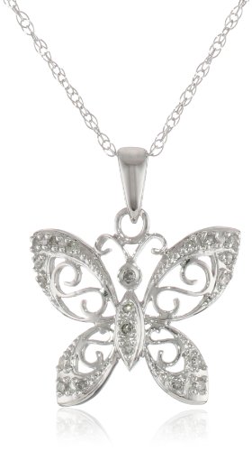 Amazon Collection 14k White Gold Diamond Butterfly Pendant Necklace (0.10 cttw, I-J Color, I2-I3 Clarity), 17"