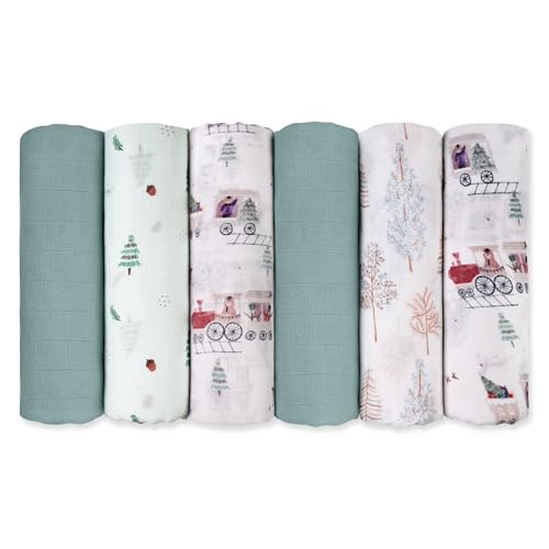 Image of GLLQUEN BABY Receiving Blanket Boy Cotton Muslin Swaddle Blankets Girl Newborn Squares Breathable & Soft Thin Baby Blankets Cloths Double Absorbent Infant Swaddling Wrap - 6 Pack (Pine Tree & Train)
