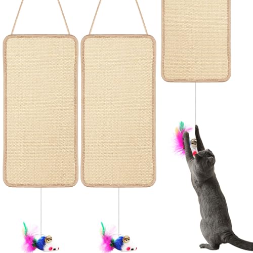 Dansydaisy 2 Packs Natural Sisal Cat Scratching Mat 7.87x19.69 Wall & Floor Hanging Scratch Pad Dual Use Hemp Rope Kitty Scratcher Rug with Mouse Toy for Indoor Cats Kittens