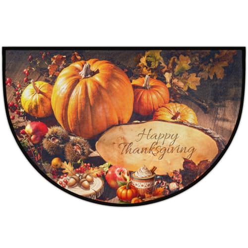 Image of cfpolar Half Round Door Mat Thanksgiving Pumpkin Non-Slip Semi Circle Area Rug Washable Half Moon Hearth Rugs for Indoor Outdoor Bathroom Kitchen Patio Runner Mat Laundry Room Home Decoration