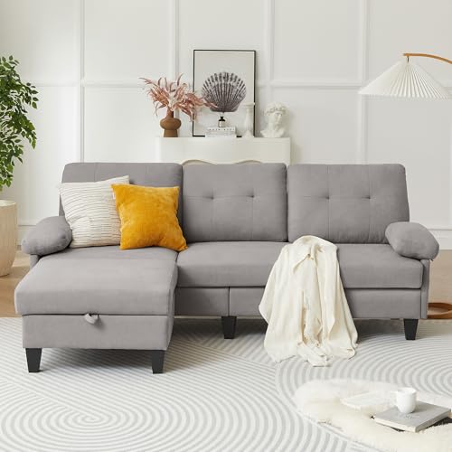 Soscana 84" Convertible Sectional Sofa, Modern Linen Fabric Small L Shaped Couch with Reversible Chaise, 3-Seat Sofa Couches for Living Room, Apartment and Small Space,Light Grey