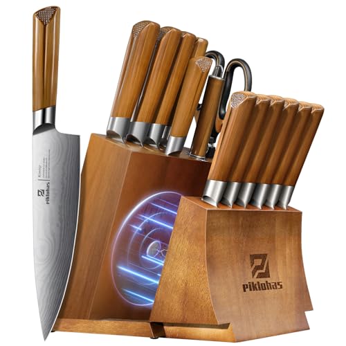 Kitchen Knife Sets With Block, Piklohas 15 Pieces Knife Sets With Magnetic Detachable Knife Holder, High Carbon Steel Damascus Pattern Chef Knife Set With Steak Knives, Ideal For House Warming Gift