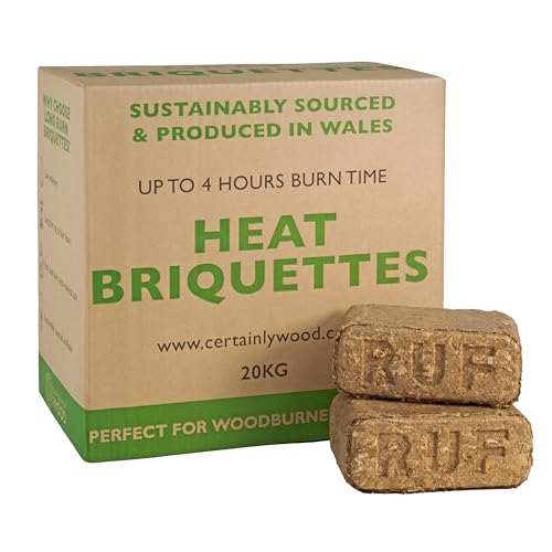 Certainly Wood Eco Heat Logs RUF Briquettes – 20kg (24 Briquettes) Wood burners & Stoves Fires - Eco Friendly Compressed Wood Fire Bricks Made in Wales. Up to 3 Hr burn time (1 box)