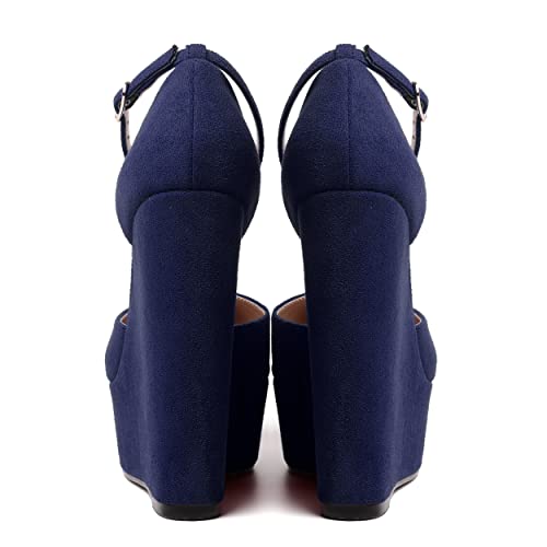 WAYDERNS Womens Ankle Strap Buckle Solid Dress Platform Party Round Toe Suede Wedge High Heel Pumps Shoes 6 Inch4