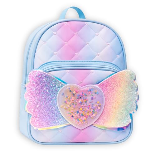 Girls School Backpack with Glitter Wings and Heart Design (Blue)