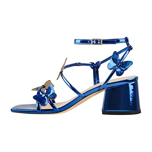 Onlymaker Women's Square Toe Block Heel Sandals Elegant Bowknots Cross-Tied Strappy Ankle Clasp Soft Sandals Blue Size 8 #TOP1