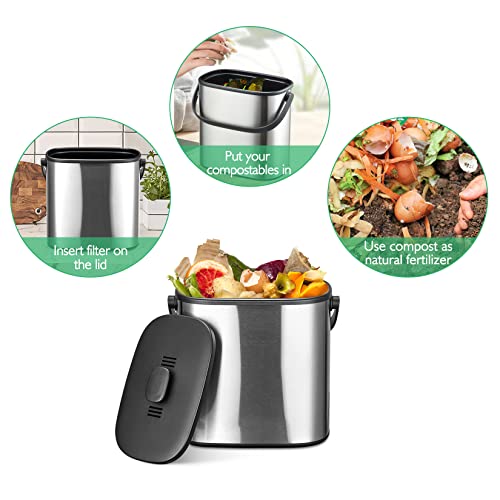 Compost Bin Kitchen, Stainless Steel Countertop Compost Bin, Indoor Compost Bin With 1 Extra Charcoal Filter, Mountable Food Waste Bin For Kitchen, 1.3 Gallon #TOP1
