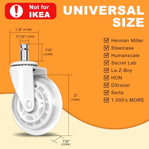 Image of Office Chair Wheels for Casters Replacement - 3 inch Rubber Wheels for Computer Gaming Desk Caster Smooth & Safe Rolling for All Floors Including Hardwood and Carpet - Set of 5 - White