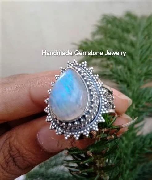Rainbow Moonstone Ring, Water-drop Stone Ring, Artisan Design Ring, Blue Flash Ring, June Birthstone Ring, Wedding Ring, Pear Stone Ring, Bohemian Ring, Trendy Ring, Natural Moonstone Jewelry