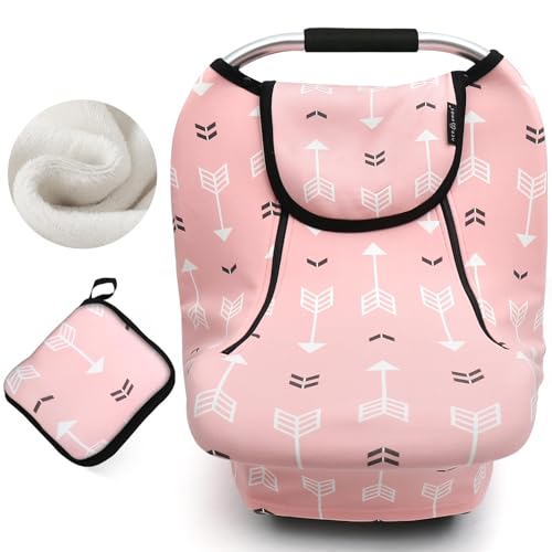 Image of ACRABROS Car Seat Covers for Babies,All Season Infant Carseat Cover Canopy for Boys and Girls,Stretchy Adjustable Peeping Window with Mesh Cover,Warm Breathable Universal,Pink Arrow