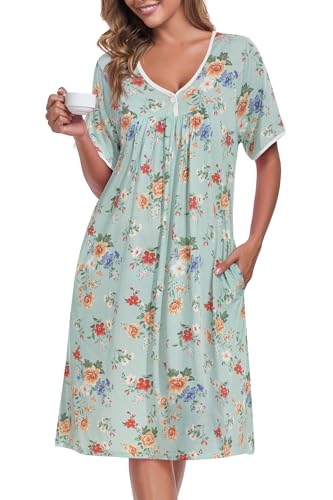 Image of AVIIER Nightgows for Women Soft Cotton Night Shirts Short Sleeve Sleepwear with Pockets