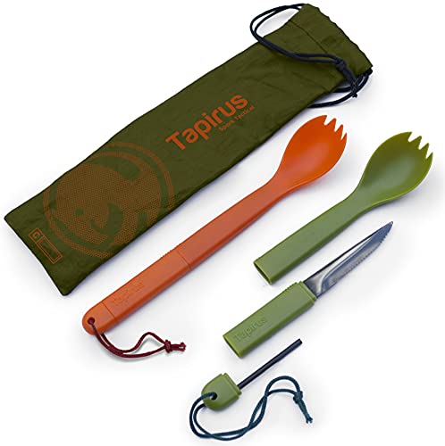 Tapirus Spork Tactical 2-pack Orange Green | BPA Free Spork, Stainless Steel Knife and Fire Starter | 3 in 1 multipurpose utensil | Great for hiking, camping & backpacking | With carrying case