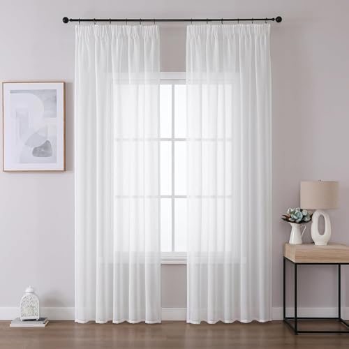 Joydeco Lot de 2 Rideau Voilage Blanc 140x215cm avec Galon Fronceur pour Rail, Voilage Fenêtre Semi-Transparent pour Filtrage de Lumière et Décoration de...