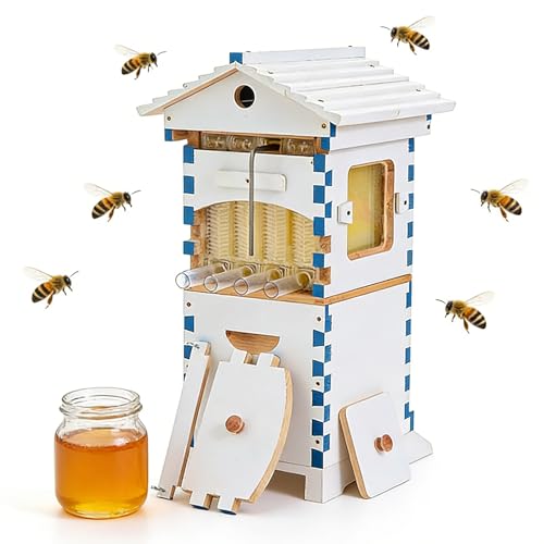 pealiritansemen Self-Flow Beehive Starter Kit – Mini Beginner Beehive with Transparent Viewing Window, Compact Urban Beekeeping Hive, Self-Flow Honey Comb for Balcony/Backyard/Farm Bake-Painted