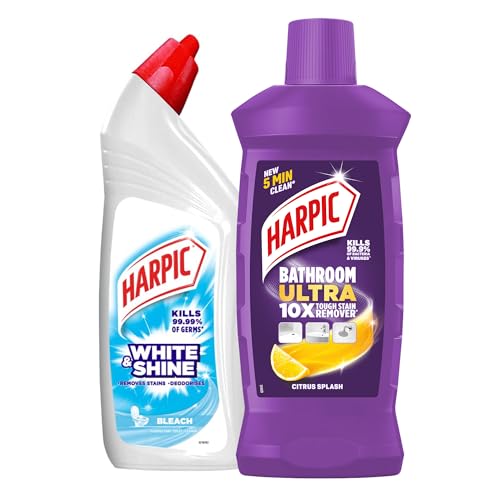 Image of Harpic 1L - Bleach, White and Shine Disinfectant Toilet Cleaner Liquid with Bathroom Cleaner Ultra, Citrus Splash 1L