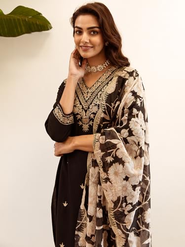 Image of INDO ERA Women's Rayon Viscose Rayon Embroidered Straight Kurta & Salwar with Dupatta Set
