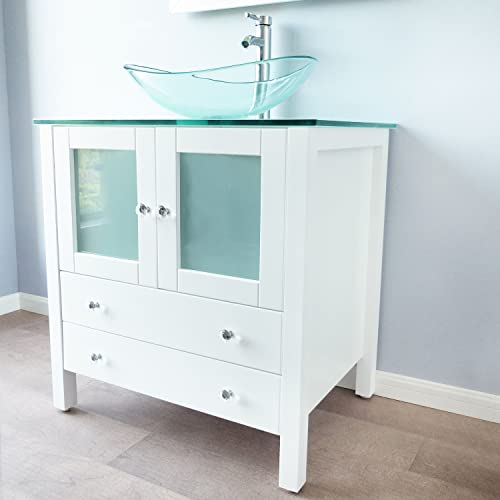 Qierao 30" Freestanding Wooden Modern Bathroom Vanity Vessel Sink Set Bathroom Mirror Included (Clear Glass Sink) #TOP2