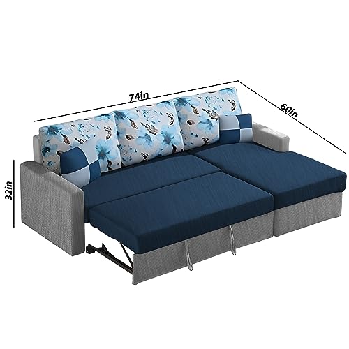 Image of Orland 4 Seater LHS L Shape Sofa Cum Bed for Living Room | Color - Blue Grey | Premium Fabric Sofa