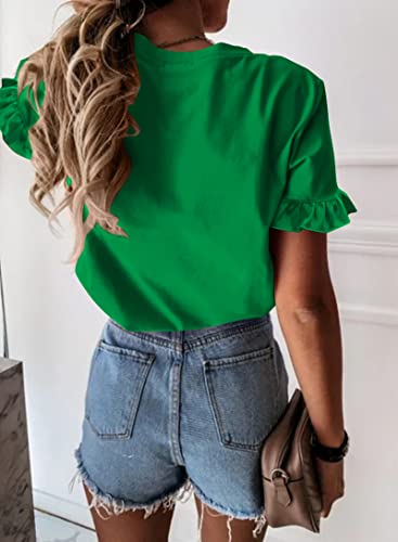 Prettygarden Women's Short Sleeve Casual T Shirts Summer Ruffle Plain Round Neck Loose Fit Tee Blouse Tops Grass Green #TOP1