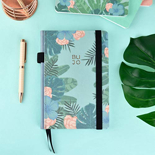 Libreta Bullet Journal Tropical/Libreta Punteada- 14,5 x 21 cm- Encuadernaci�n Suisse- Tapa Dura en Tela- 188 P�ginas en Papel Premium (verde)