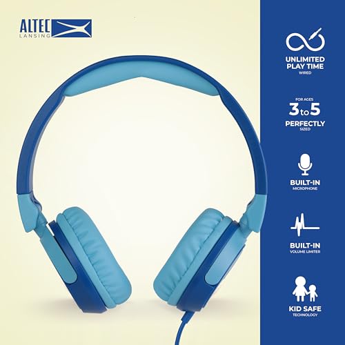 Image of Altec Lansing Kid Safe Wired Headphones, Over Ear Headphones for Kids Ages 3-5, Volume-Limiting Toddler Headphones with Mic, Compact Foldable Kids Headphones with Cord, APA Approved (Blue)