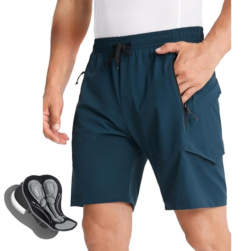 EFGETD Pantalones Cortos de Ciclismo de Montaña Impermeables para Hombre, con Forro Acolchado y Amortiguación, Elásticos y Transpirables, con 5 Bolsillos(Azul,L)