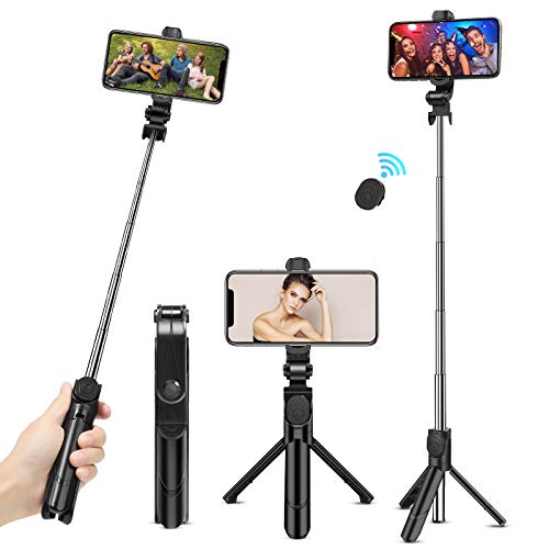 Selfie Stick Tripod, Extendable Bluetooth Selfie Stick Tripod with Remote - Facetime Phone Stand, Wireless Selfie Stick Tripod, Portable Tripod for iPhone, Samsung Galaxy and Huawei and More (Black)