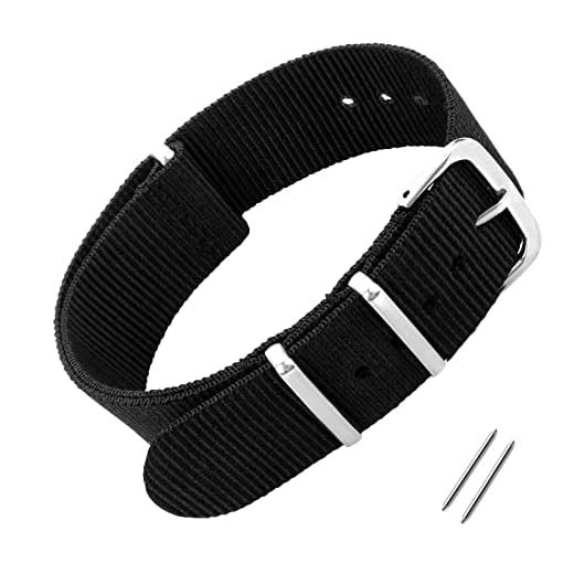 cobee Bracelet de montre en nylon, Remplacement des bracelets pour hommes et femmes Bracelet de montre militaire à 4 anneaux avec boucle en métal argenté(18mm Noir) (18mm Noir)